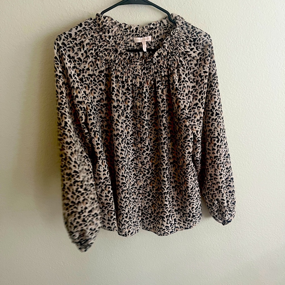 Rebecca Taylor Leopard Print Button Down 100% silk Blouse Size Small